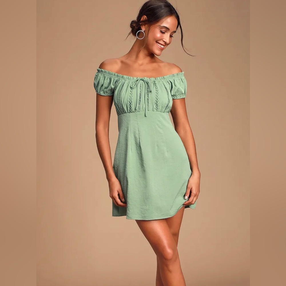 Embroidered Sage Green off the shoulder dress (Lulus)